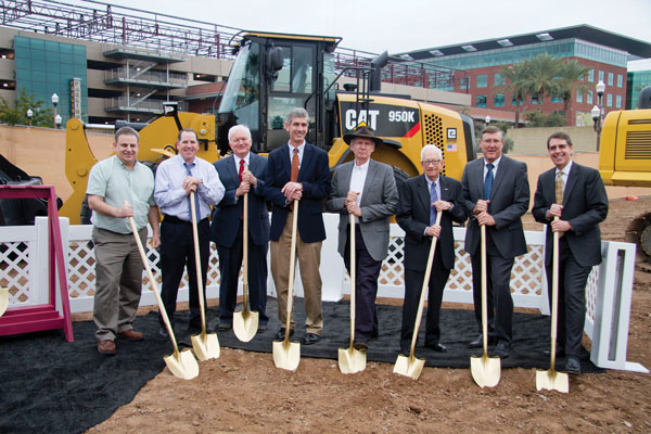 Dean Paul Johnson and dignitaries stand together to breakground at the College Ave Commons site