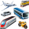 a group of multiple motorized vehicles : airplane, train, car, bus, motocycle, express train