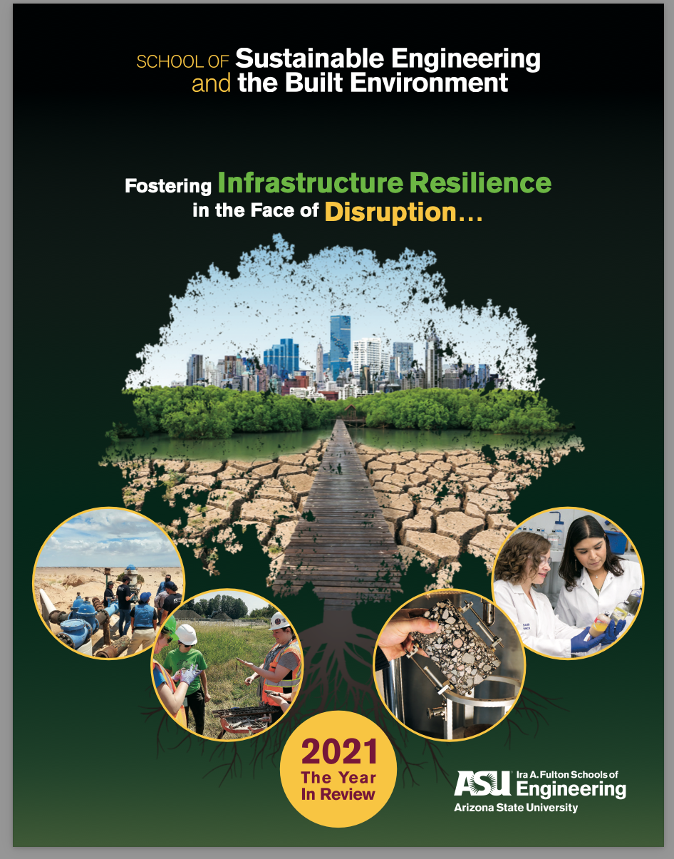 Cover of the 2021 SSEBE annual report showing the city and a dirt path and four circles with students and faculty conducting research