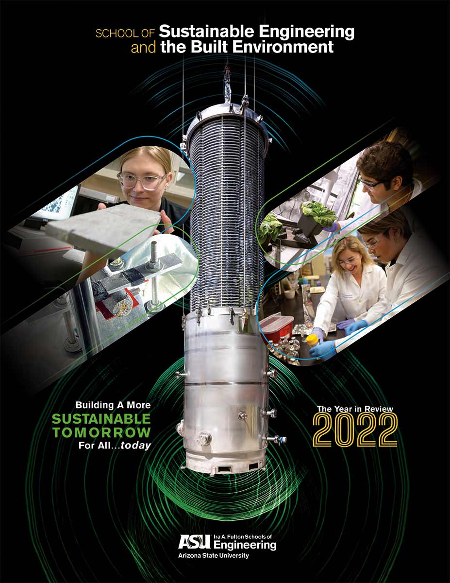 Cover of the 2022 annual report featuring researchers in their labs but the focus is on a mechanical tree.